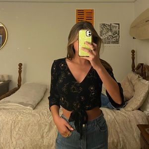 Black floral blouse crop top